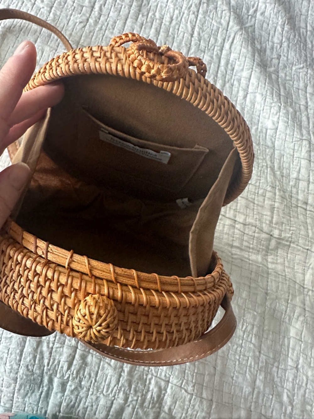 Straw Studios Round Woven Crossbody Bag in Brown Tan - Picture 3 of 4